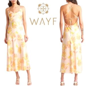 Wayf Lolita Satin Floral Pastel Low Back Criss-Cross Straps Midi Dress NWT MED